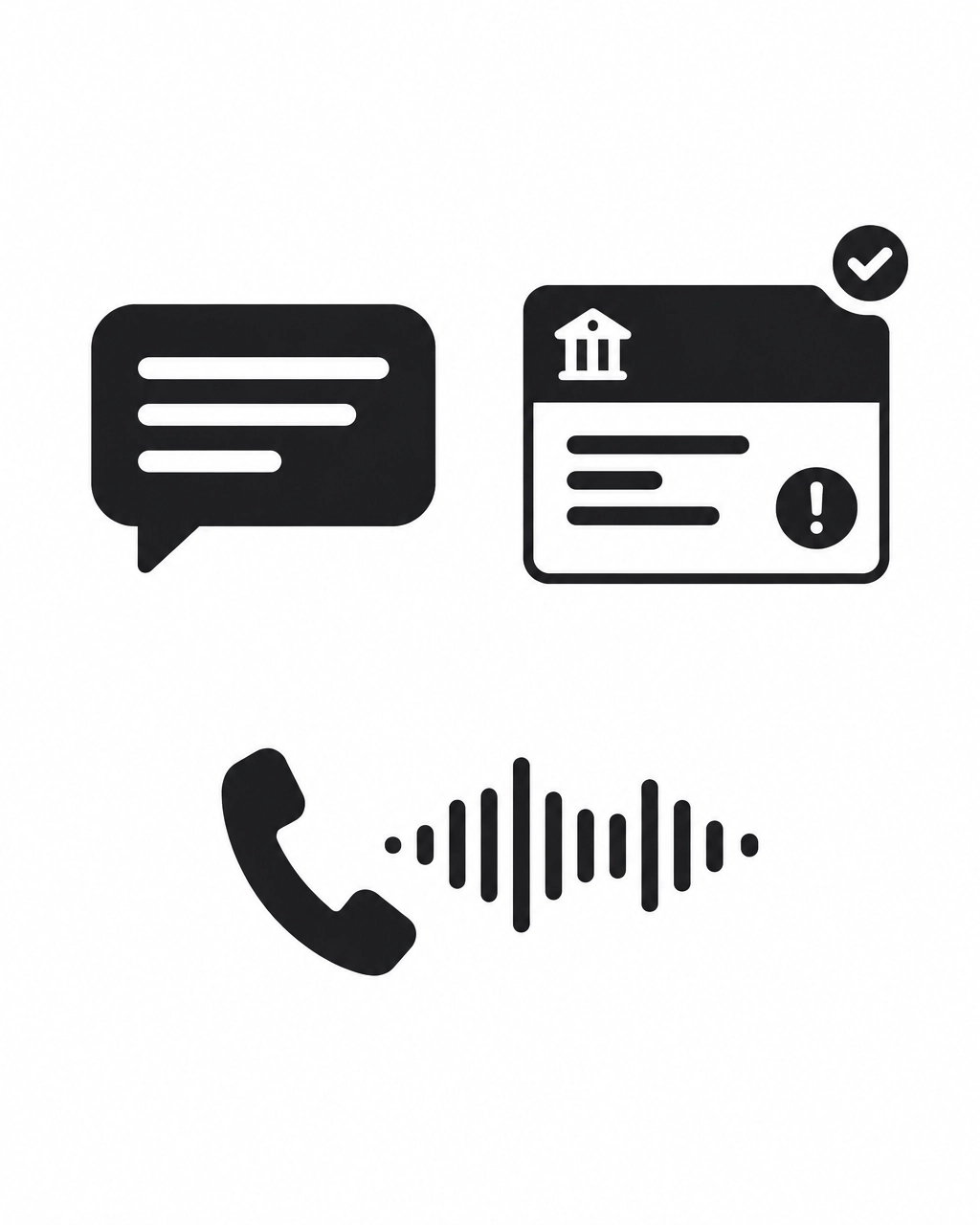 Minimal illustration of a text message, bank alert, and phone call representing modern phishing attempts